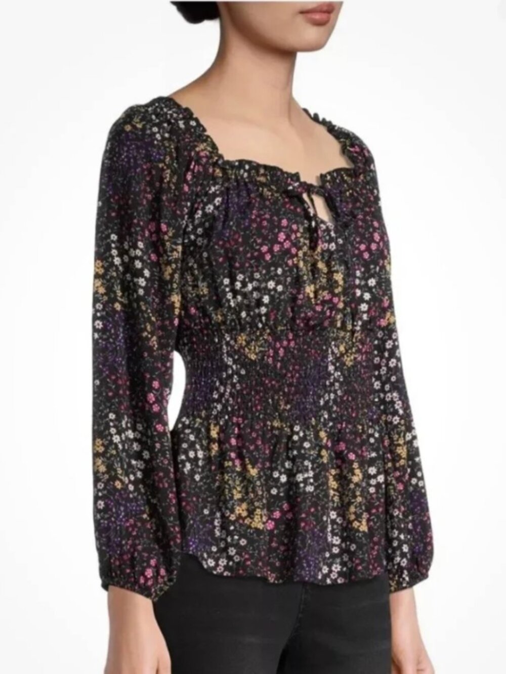 No Boundaries 100% Rayon Black Floral Rouched Waist Peasant Blouse Top women XXL - Picture 12 of 17